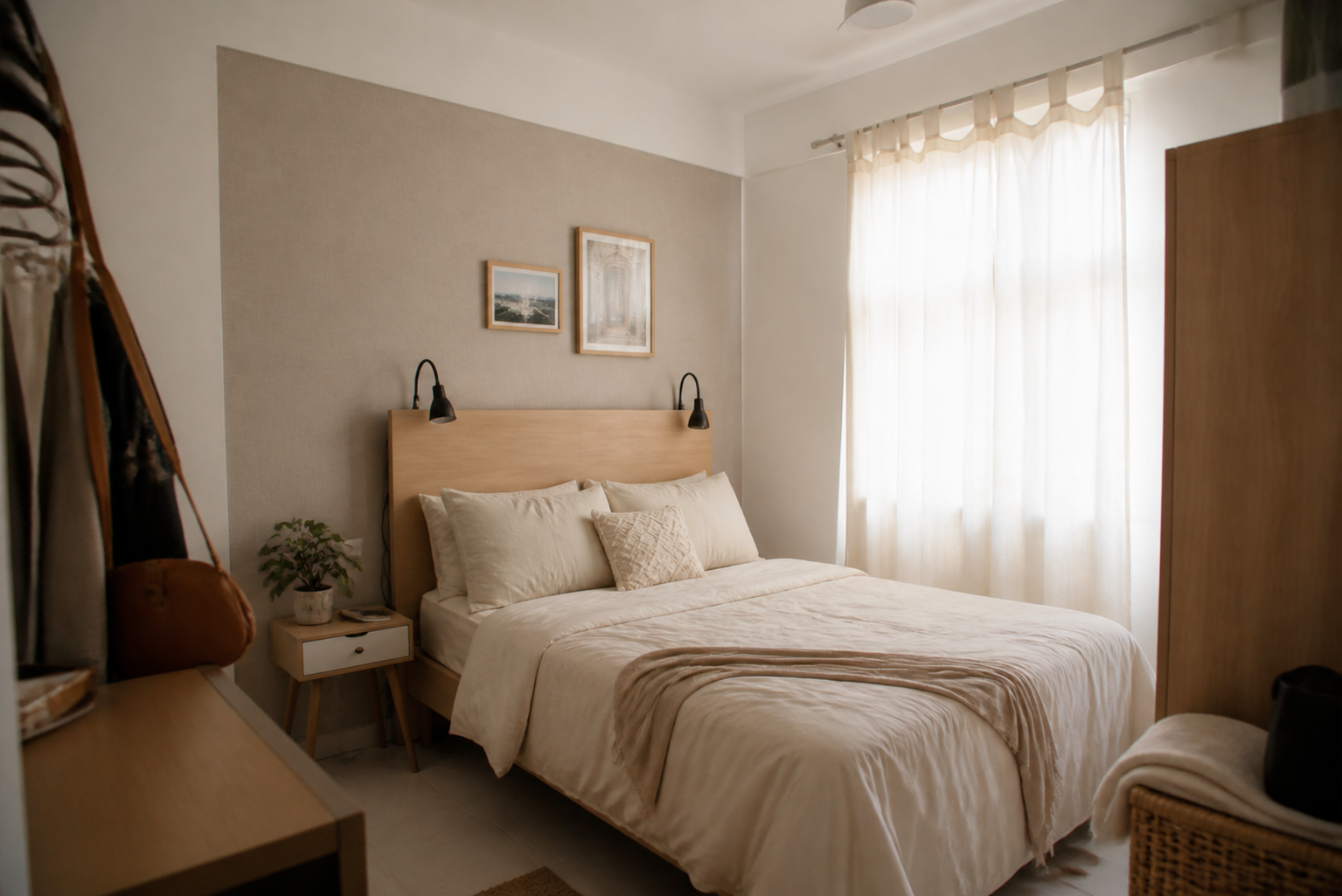 Bilik tidur rumah sewa bernada greige dengan headboard bebas berdiri dan lampu klip.
