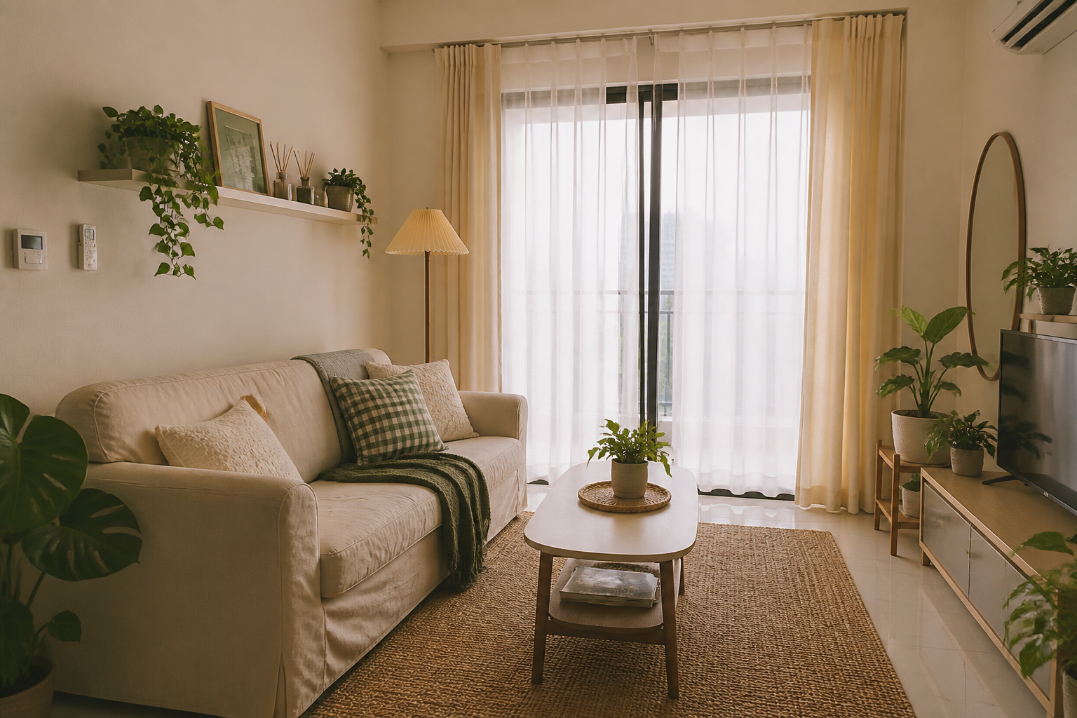 Ruang tamu rumah sewa dengan sofa neutral, karpet dan tanaman dalam cahaya semula jadi.