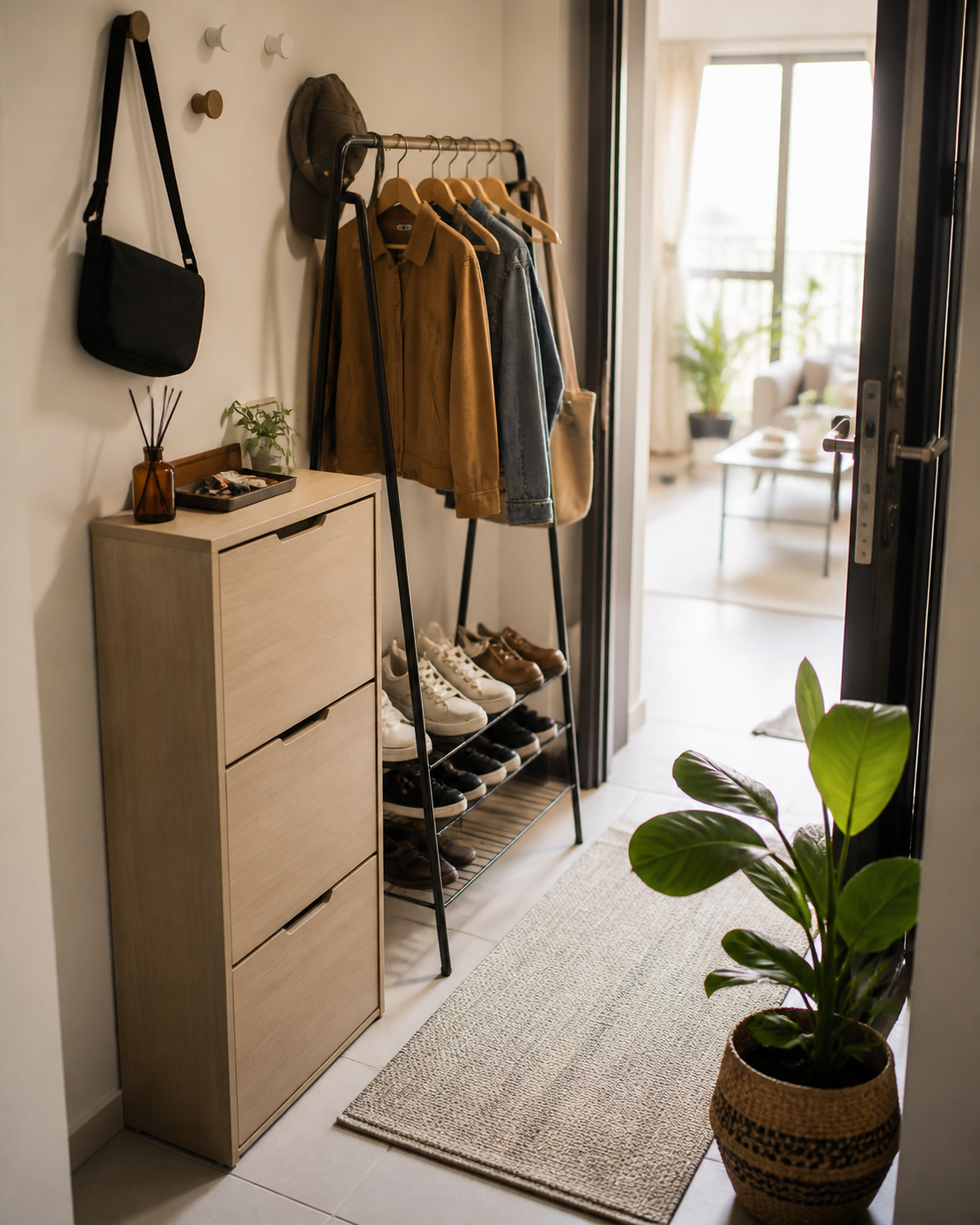 Pintu masuk rumah sewa dengan kabinet kasut nipis, rak baju dan karpet mudah alih.