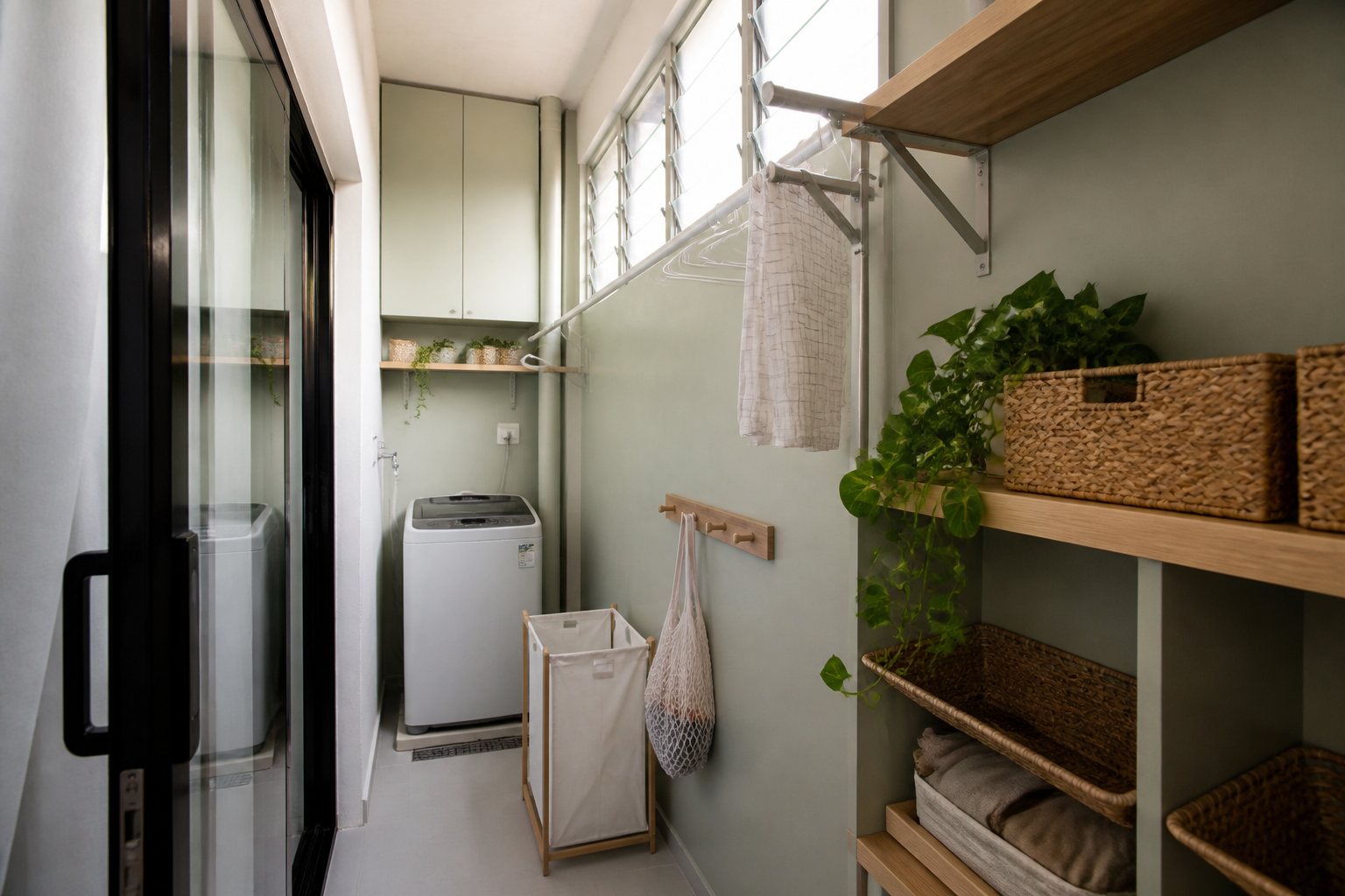 Laundry area kecil memanjang dengan rak terbuka dan ampaian dinding