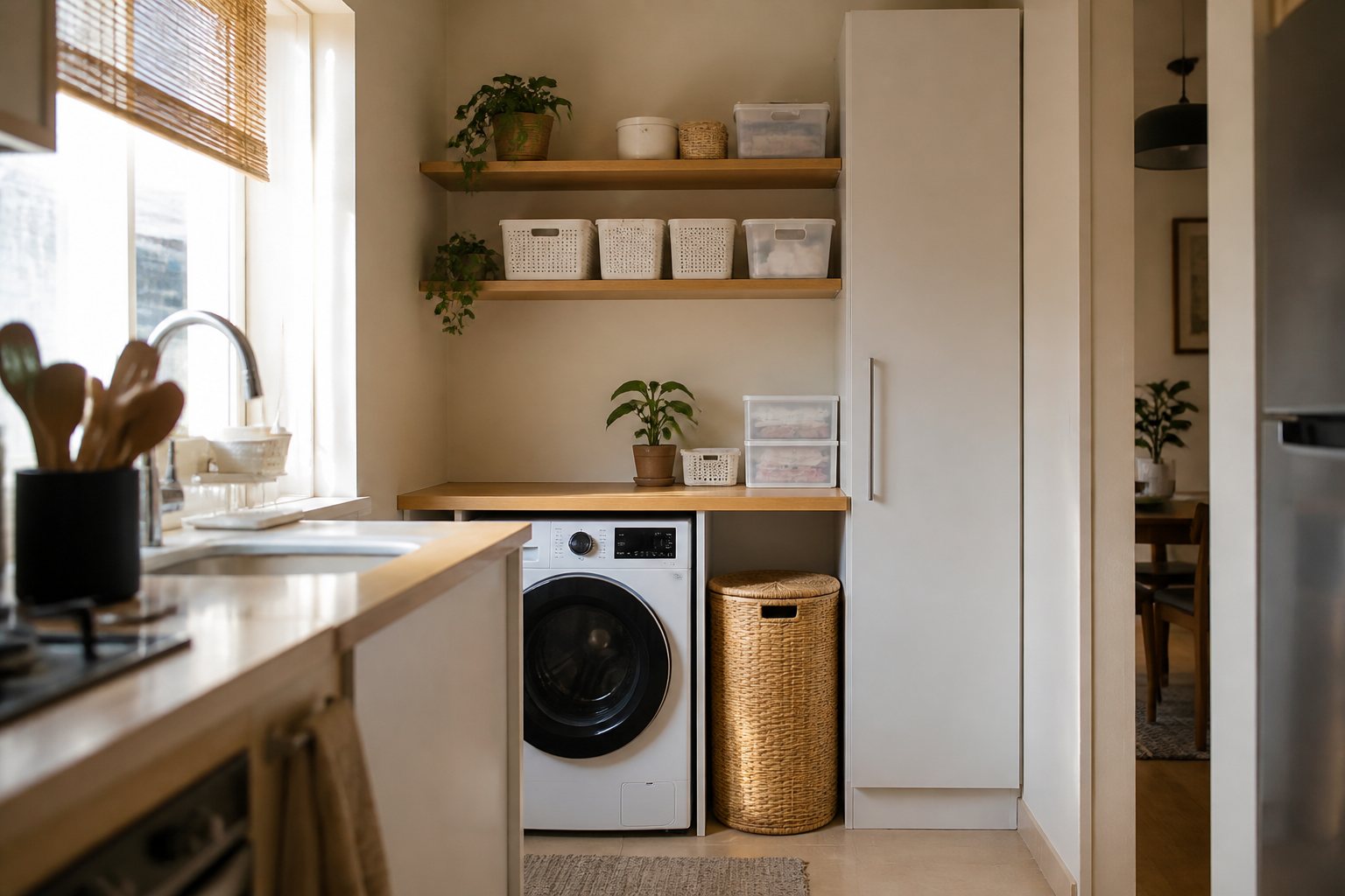 Sudut laundry area kecil di dapur dengan kabinet tinggi dan rak simpanan