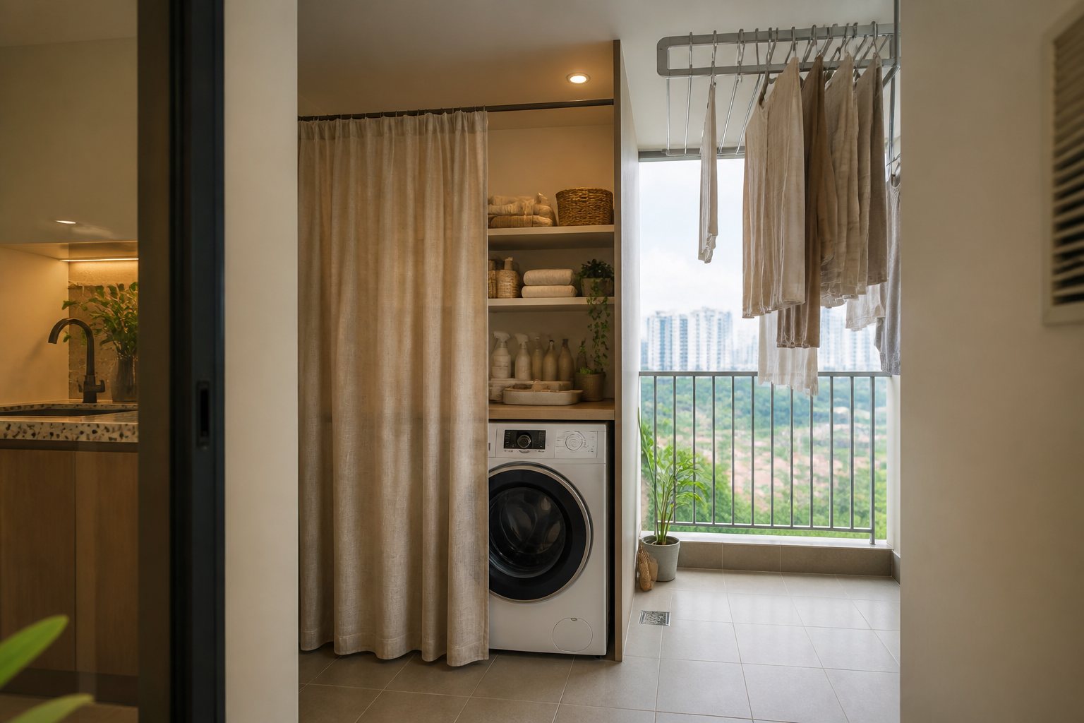 Laundry area kecil tersembunyi di sebalik langsir dengan ampaian siling
