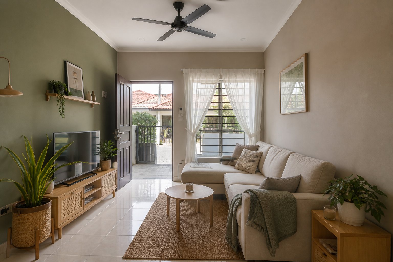 Kos cat rumah dengan gabungan dinding greige dan feature wall hijau sage