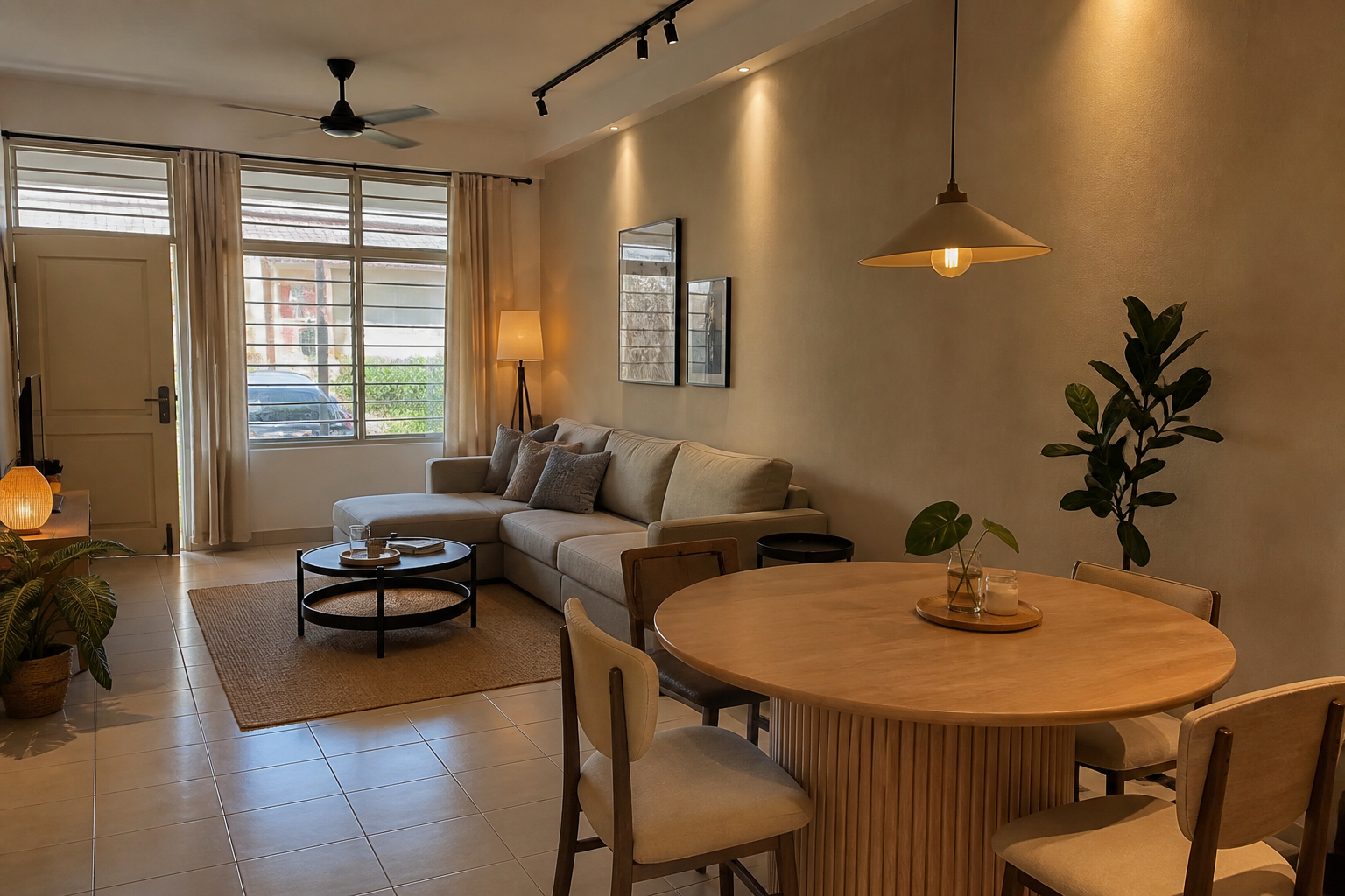 Ruang tamu rumah teres dengan palet neutral untuk renovate rumah bajet 50k