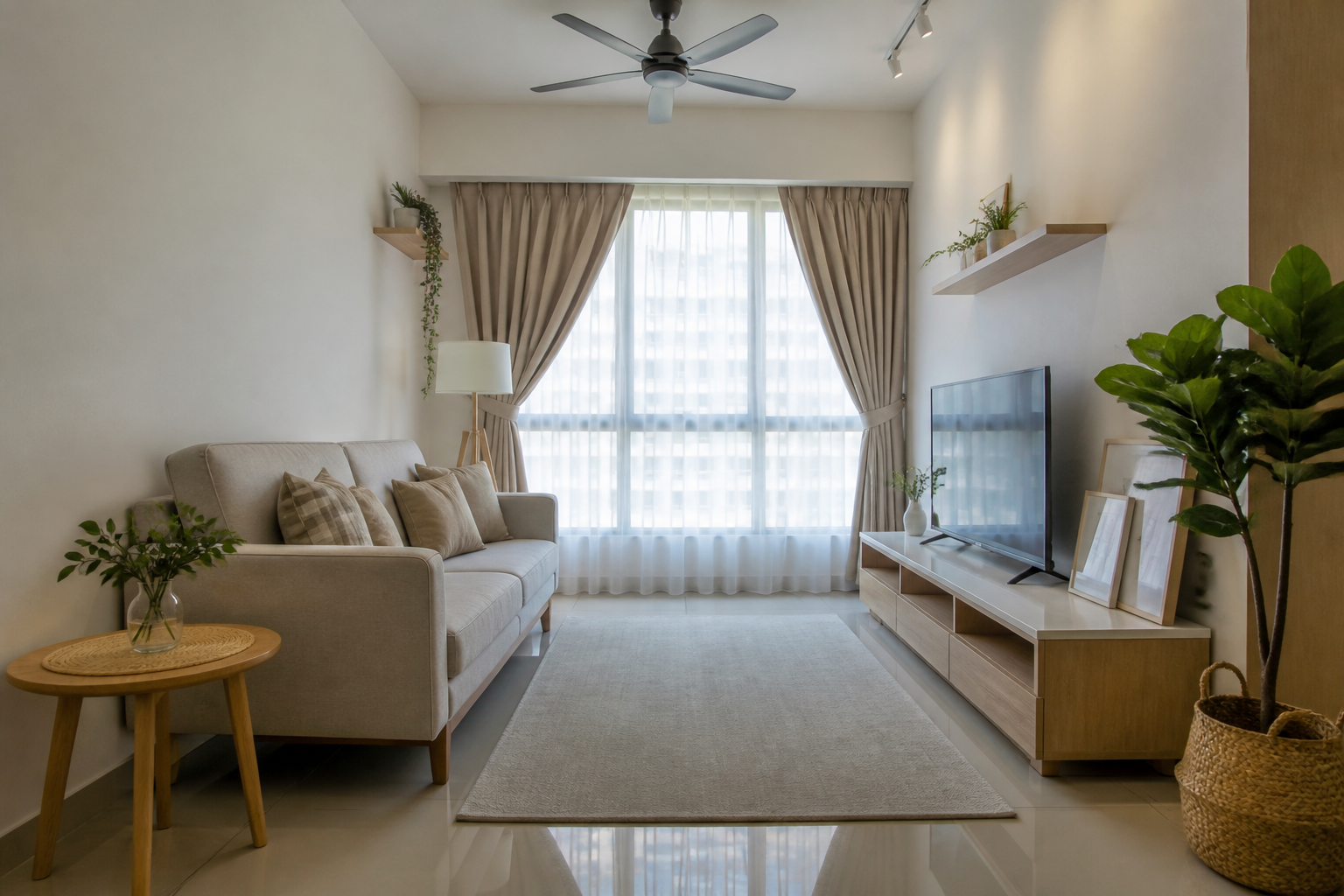 Sofa kompak dan konsol TV nipis untuk ruang tamu memanjang