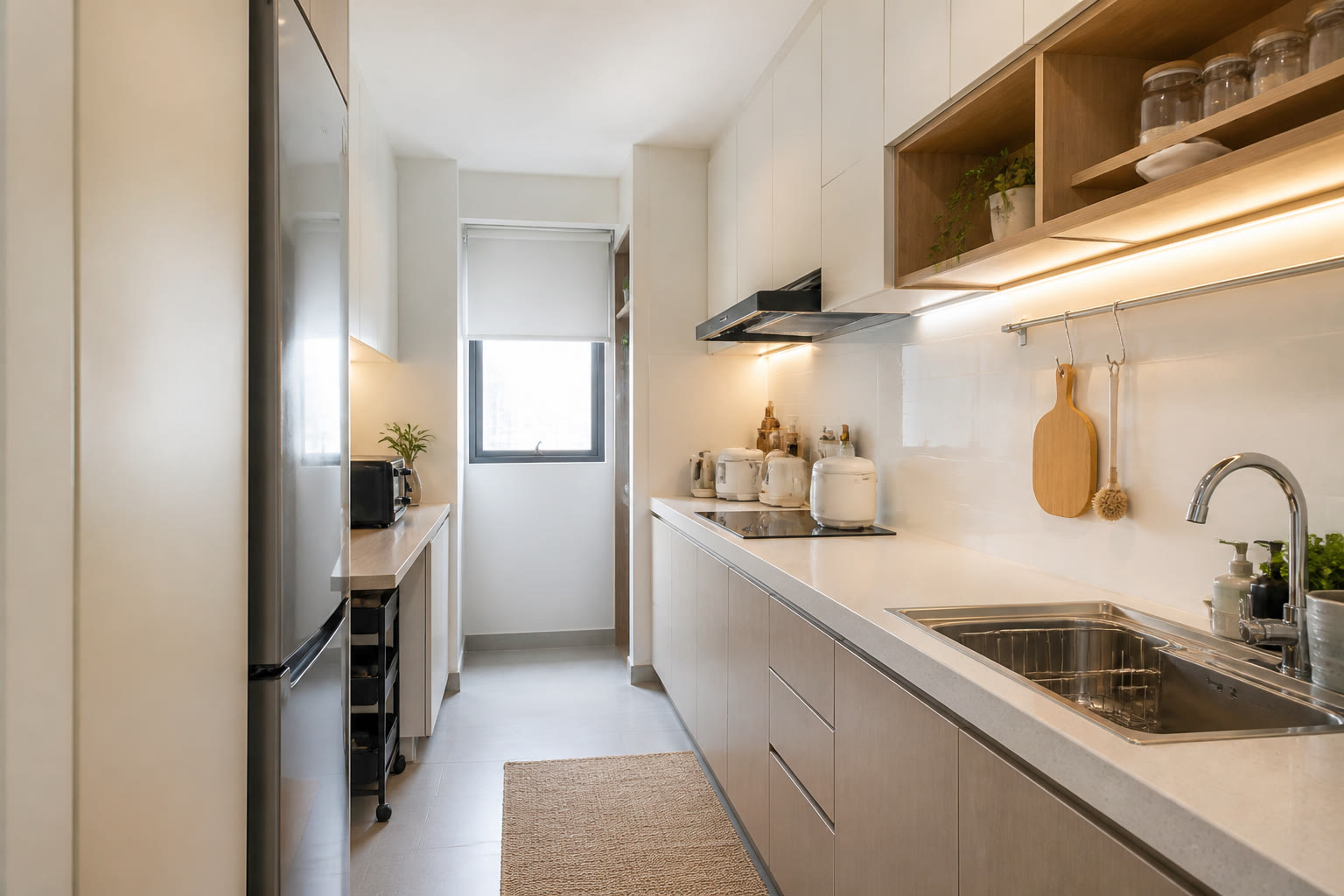 Dapur galley kecil dengan kabinet putih dan rak kayu