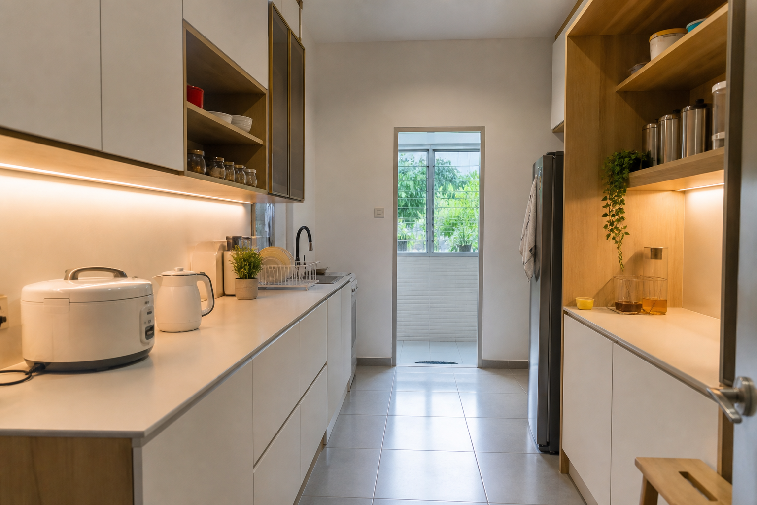 Dapur kering minimalis rumah teres dengan kabinet putih suam dan kayu