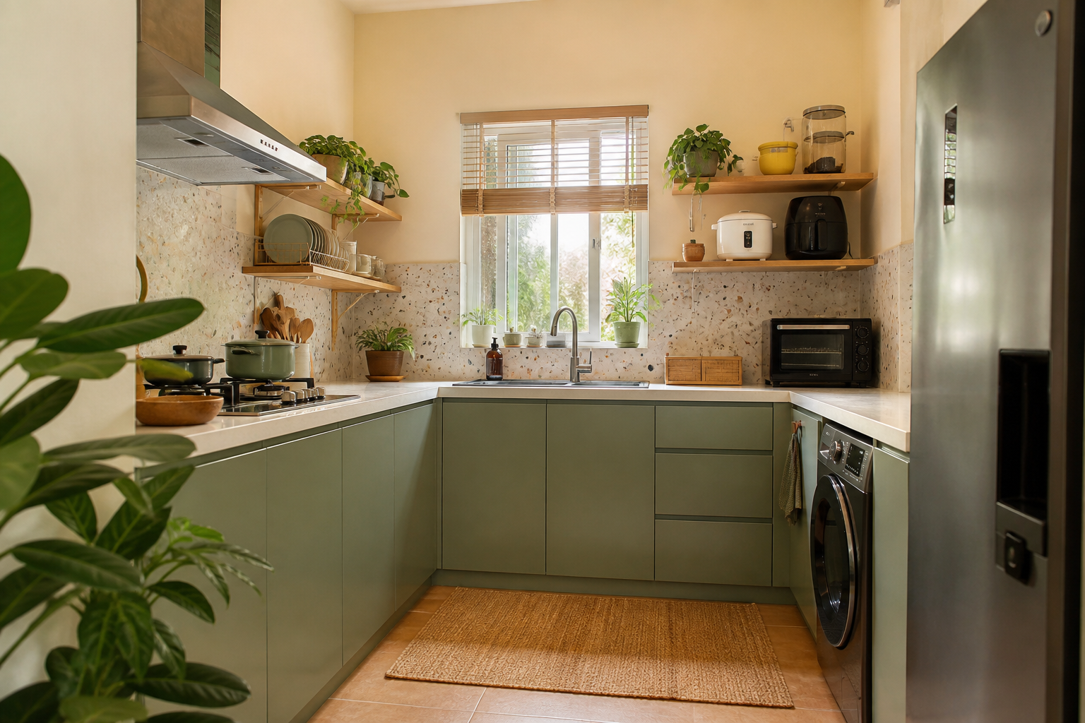 Warna cat dapur krim dengan kabinet hijau sage