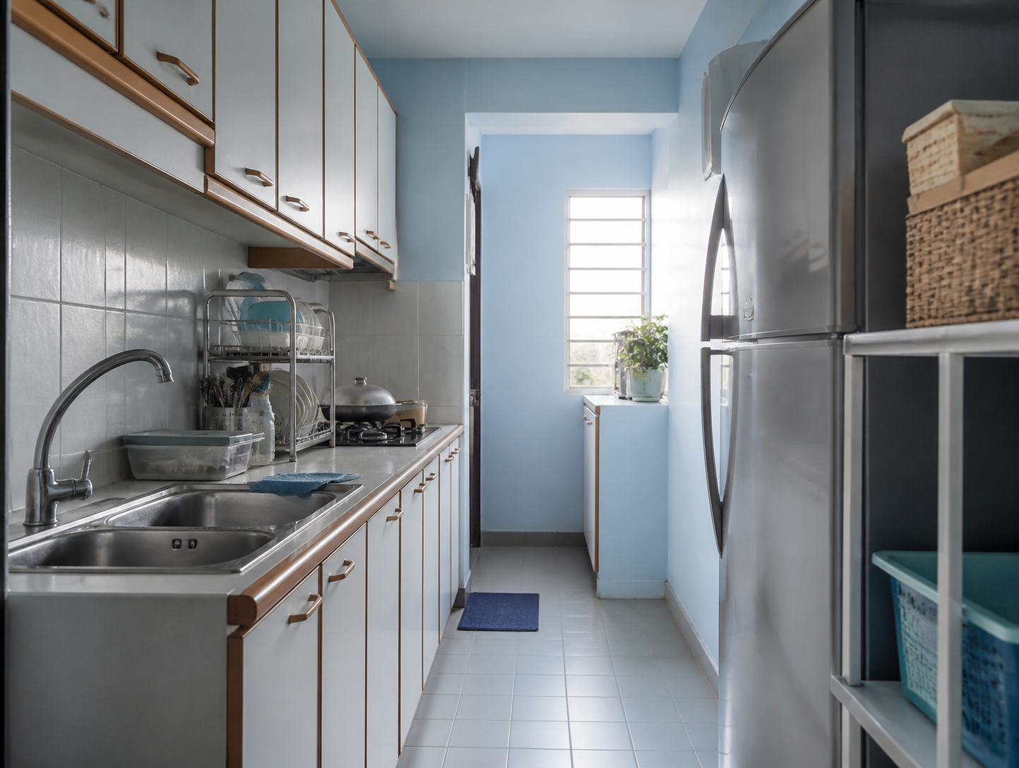 Warna cat dapur biru kabus untuk dapur galley apartment