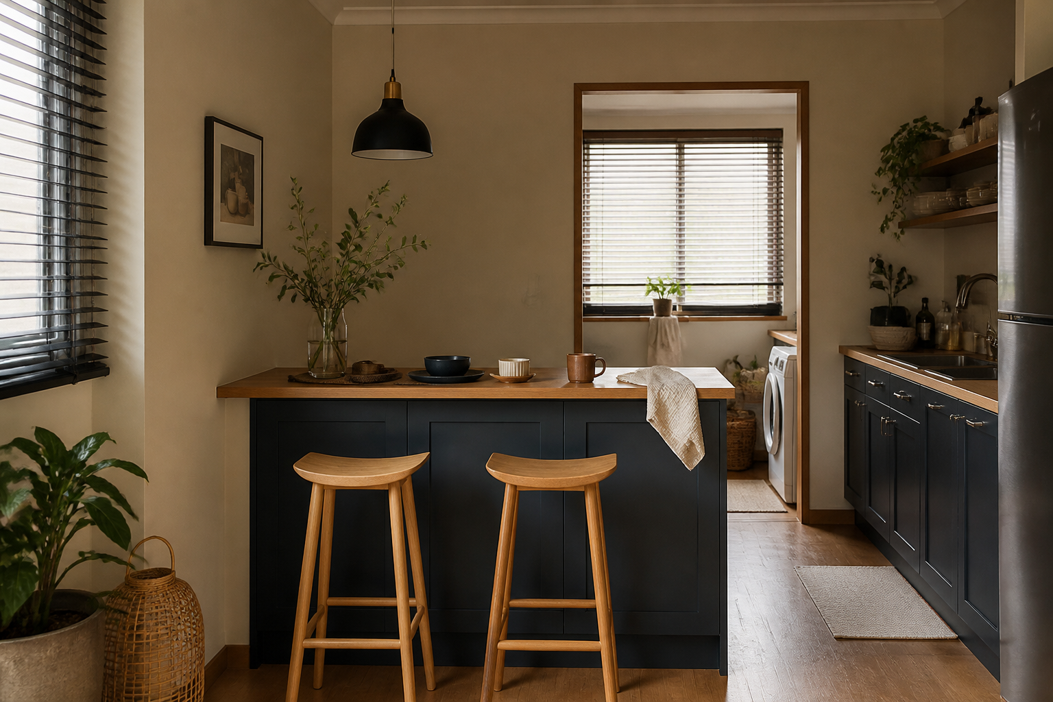Warna cat dapur beige tanah liat dengan aksen biru arang