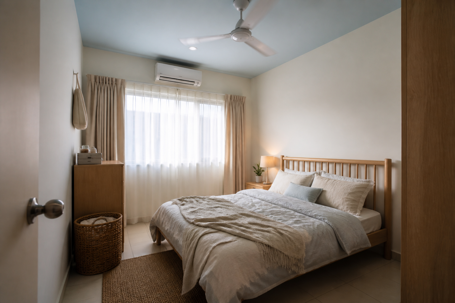Siling biru lembut dalam bilik tidur kecil rumah Malaysia