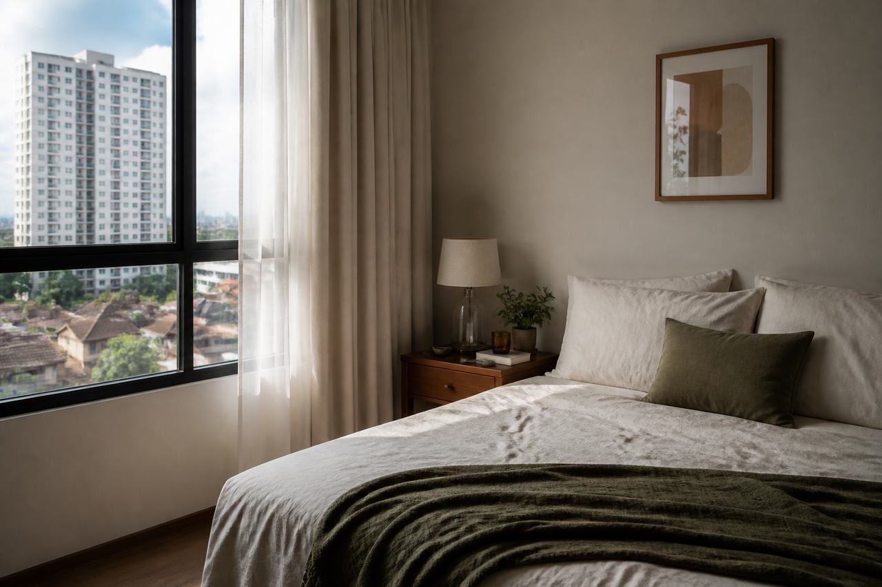 Bilik tidur apartment dengan dinding greige dan aksen hijau olive