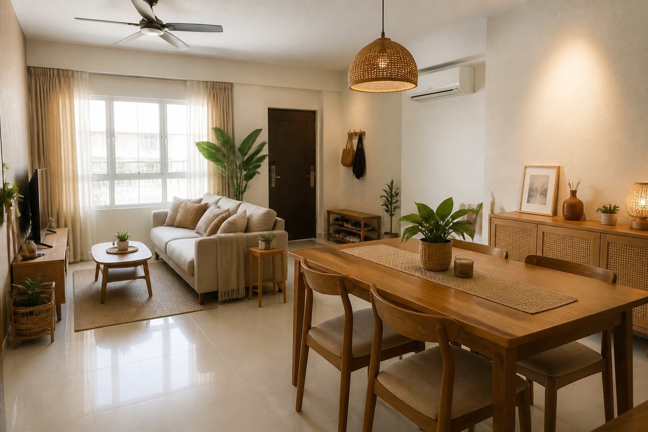 Ruang tamu dan ruang makan kecil dengan palet warm white dan kayu