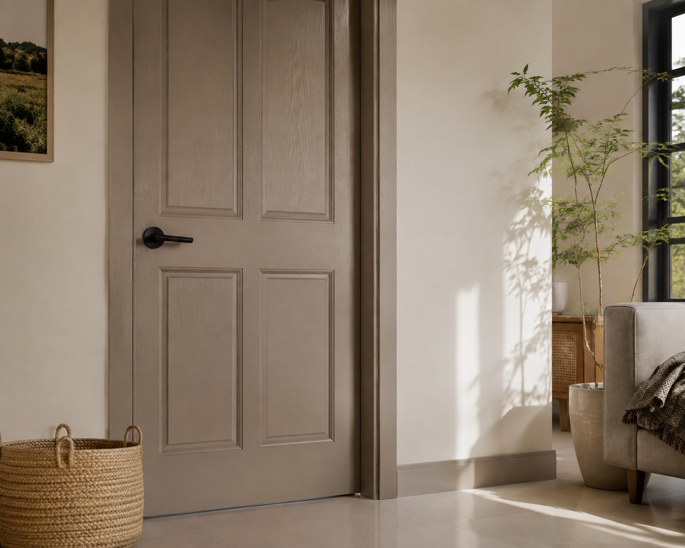 Pintu kayu warna greige dengan kemasan satin yang kemas
