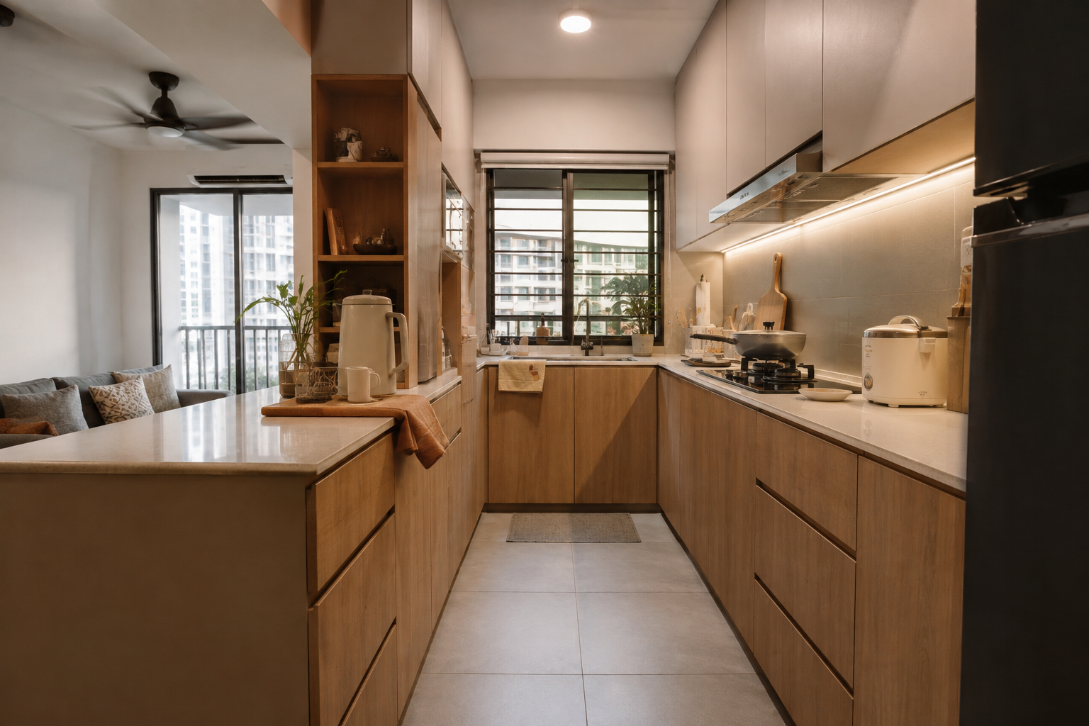 Dapur bentuk U kecil dengan peninsula rendah dan laluan tengah yang selesa