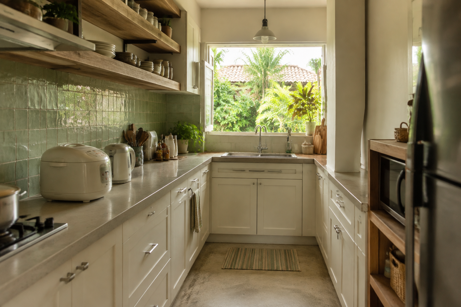 Dapur bentuk U cerah dengan rak terbuka dan backsplash hijau lembut