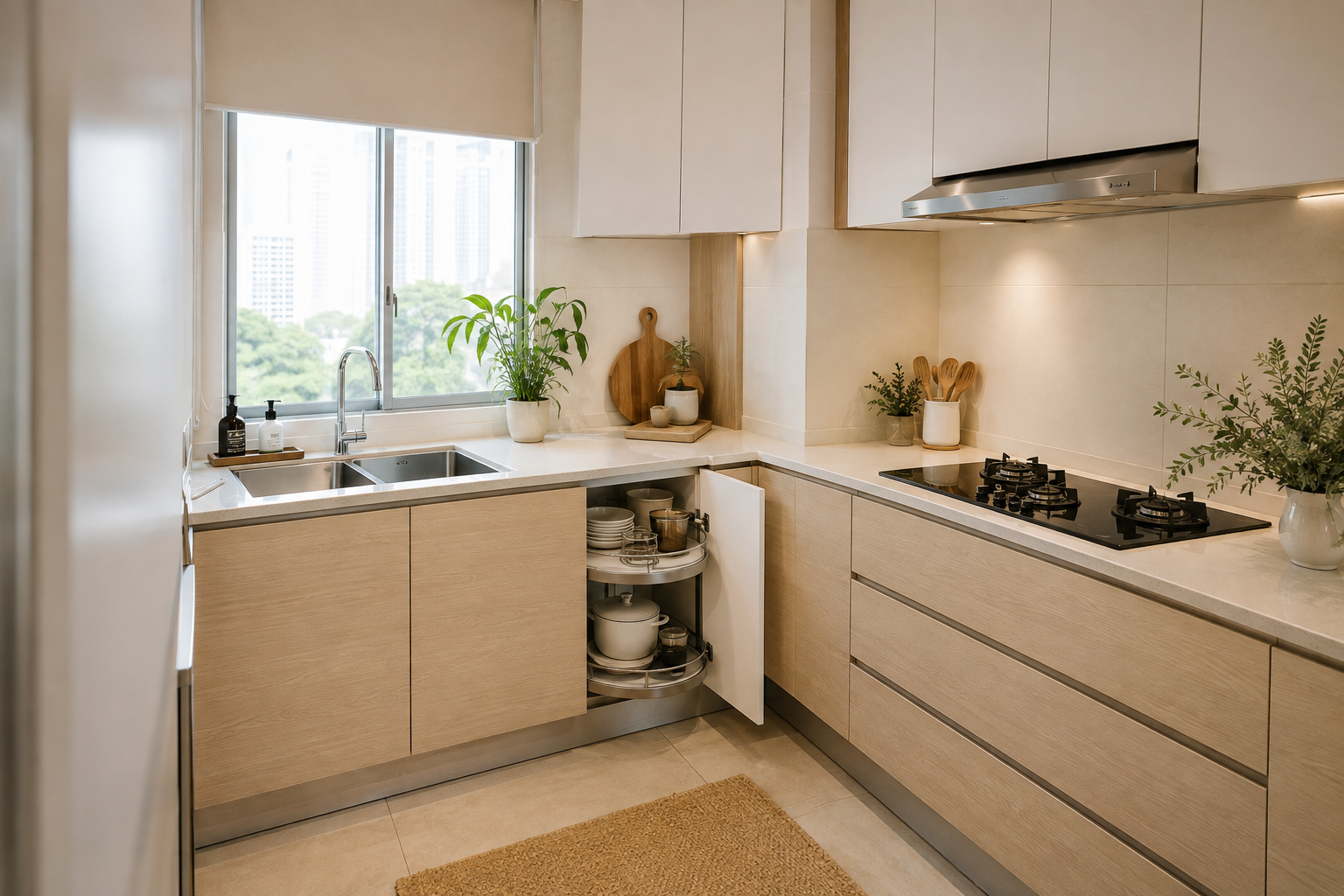 Dapur bentuk U dengan zon sinki memasak dan penyediaan yang tersusun