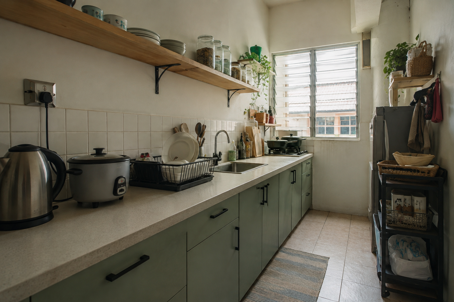 Kabinet dapur murah warna hijau sage dengan rak terbuka kayu
