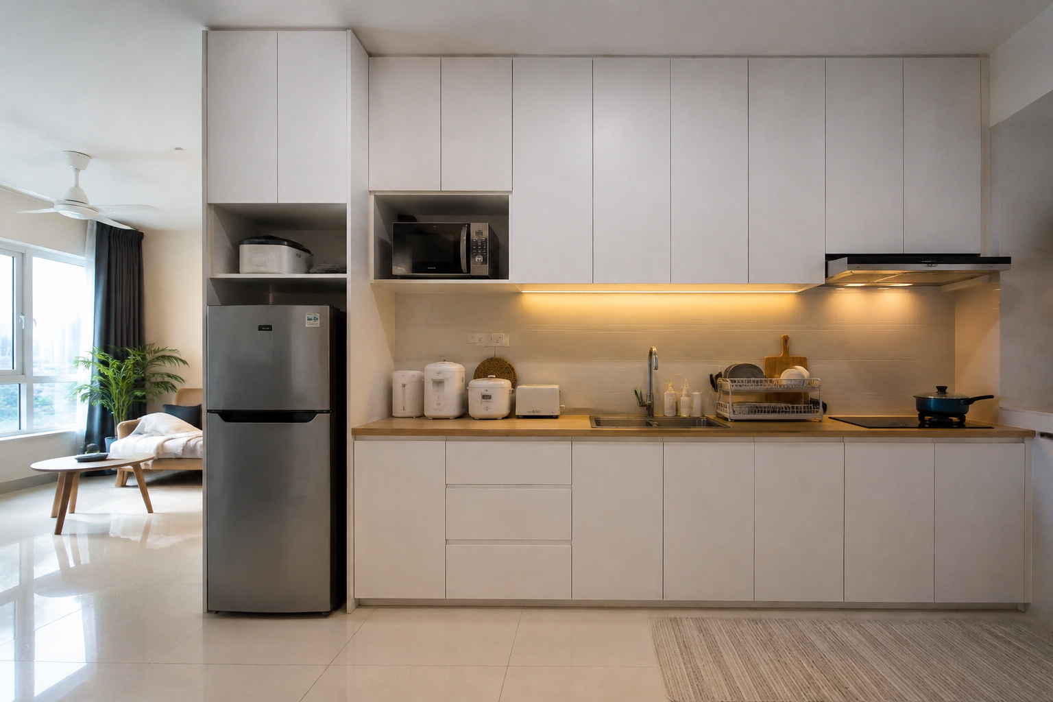 Kabinet dapur murah putih setinggi siling untuk ruang kecil