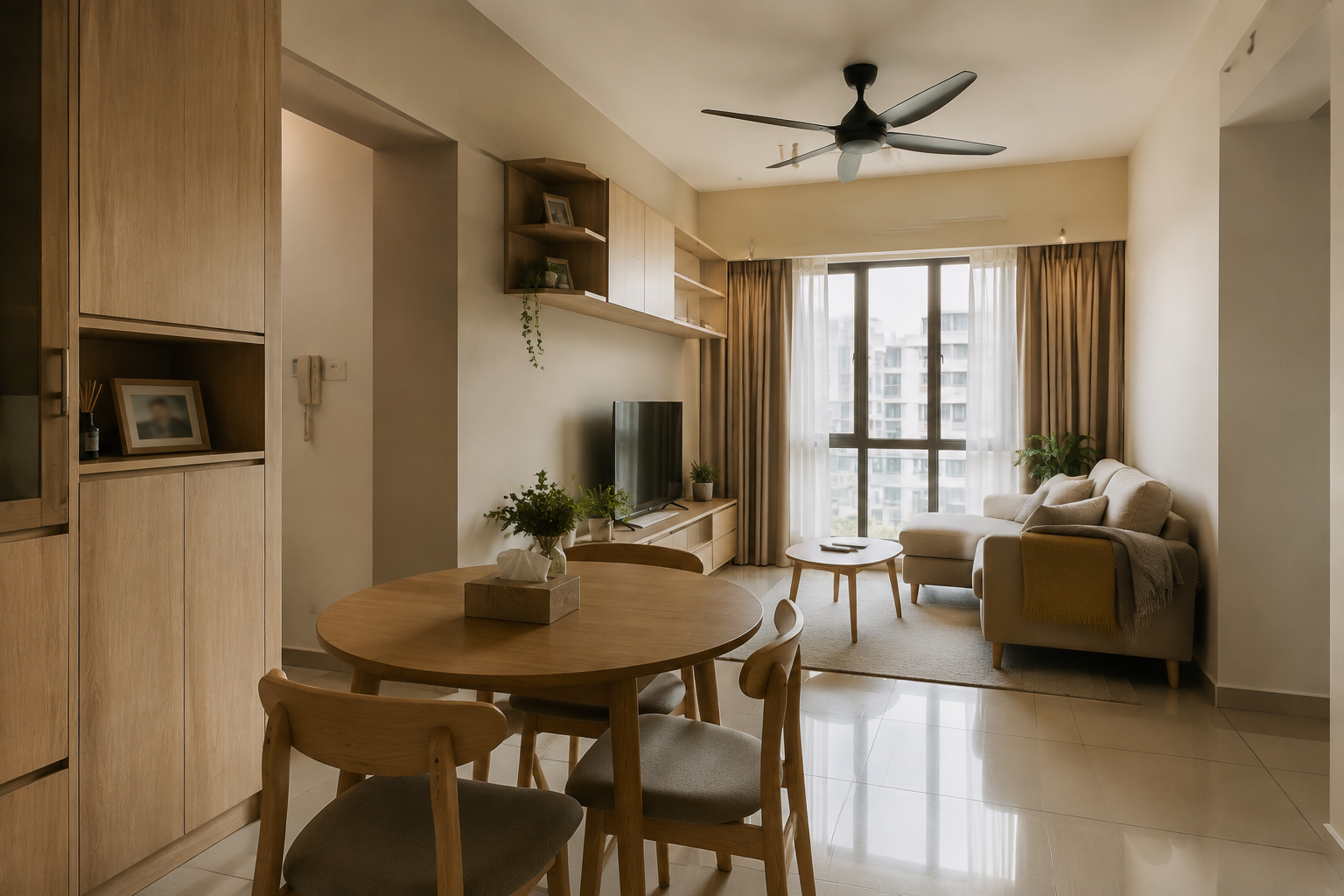 Susun atur terbuka renovate rumah flat untuk ruang tamu dan makan