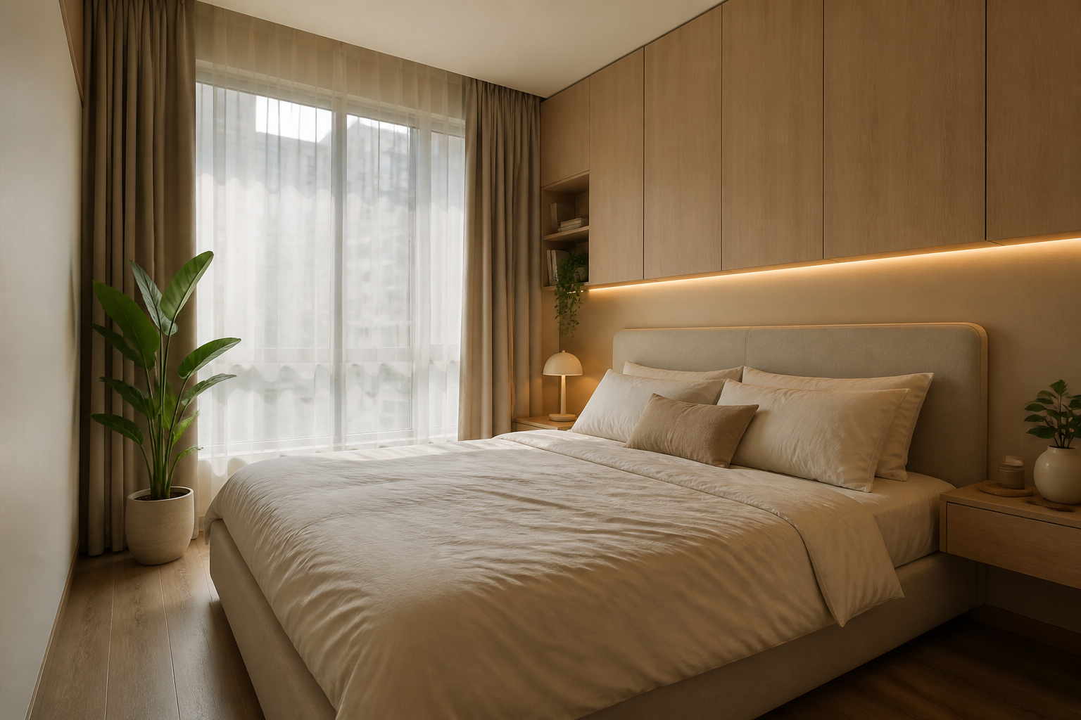 Bilik tidur kondominium minimalis dengan storan tersembunyi