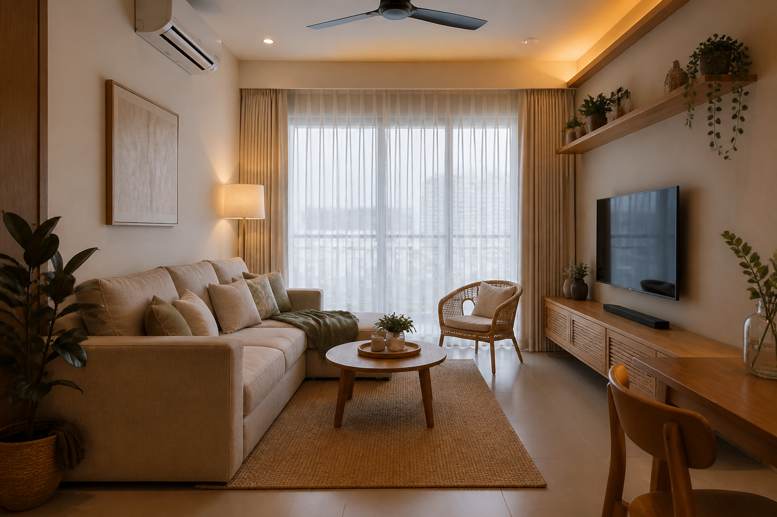 Ruang tamu kecil kondominium minimalis dengan sofa kompak