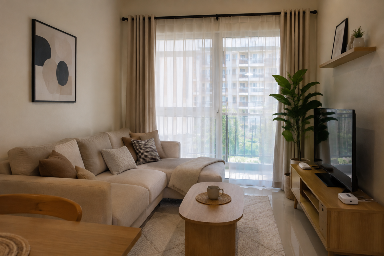 Ruang tamu kecil dalam tour rumah PR1MA dengan sofa rendah dan langsir penuh